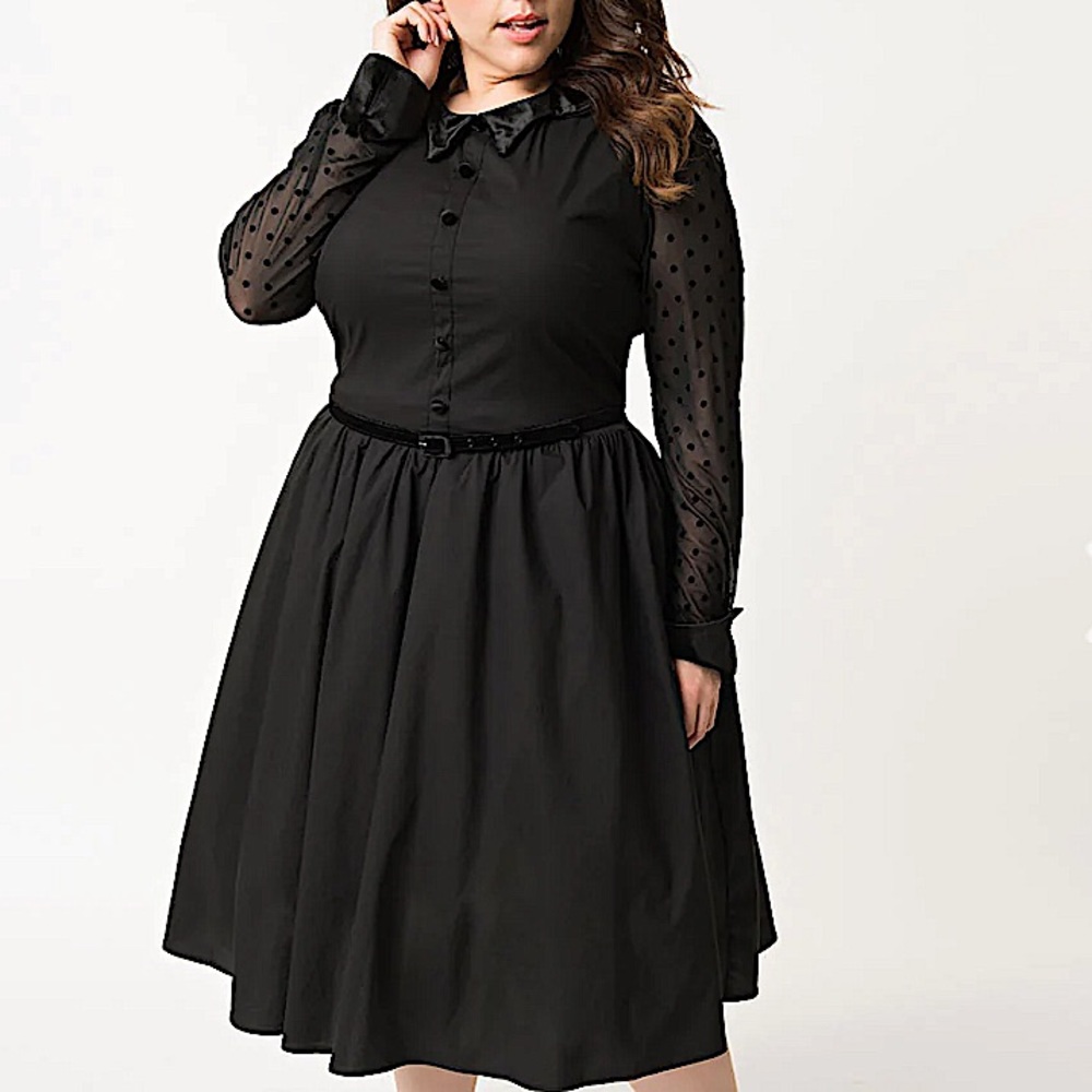 Retrolicious Black Fit-and-Flare Dress with Sheer Polka-Dot Sleeves